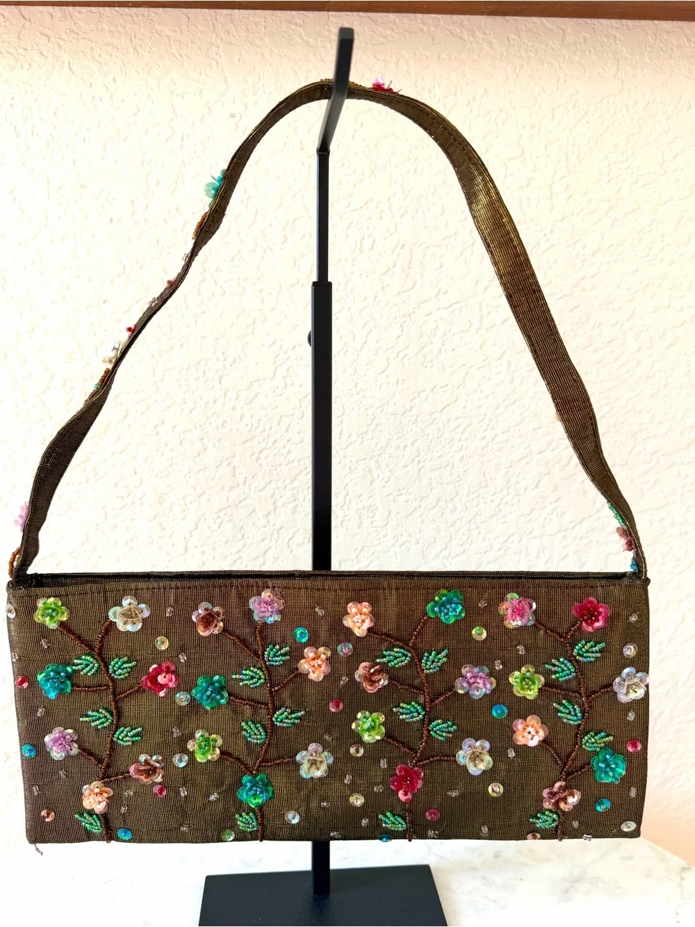 Vintage Accessori Y2K Floral Beaded Sequin Baguette Shoulder Bag